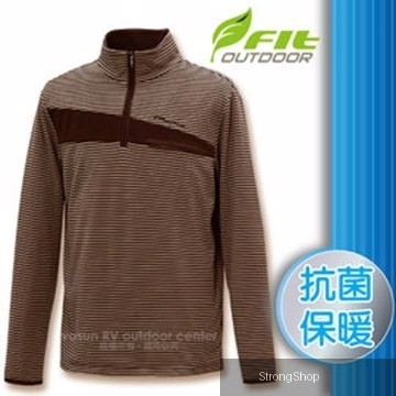 男 條紋竹炭抗菌內刷保暖上衣.輕量立領半開襟休閒衫.袖保暖衣/抗菌保暖.細緻搖粒/FW1102-05 摩卡色 W