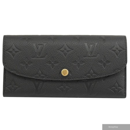 Louis Vuitton LV EMILIE 經典花紋全皮革壓紋扣式長夾.黑