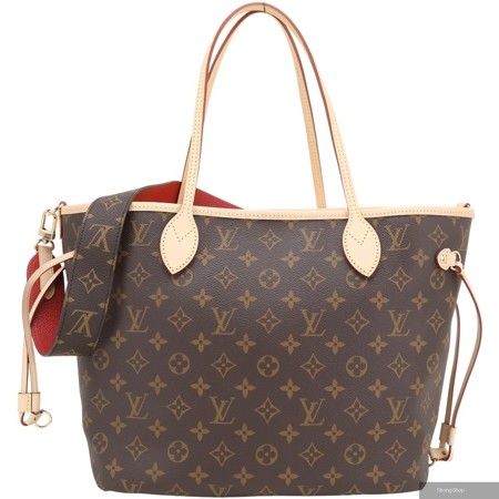 LV M12257 Neverfull Inside Out MM 條紋老花帆布牛皮雙面托特包(紅色)