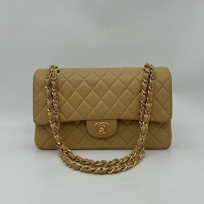 GINZA VINTAGE 香奈兒經典cf25 奶茶金鍊條包 卡標齊 6開 25x16x6.5