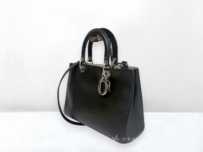 遠麗精品 132 C3923 DIOR包包 黑拚內裏淡粉色牛皮Diorissimo Tote銀釦手提斜背包 (桃園店)