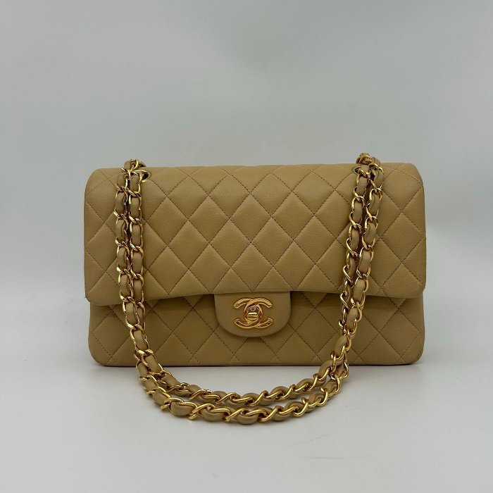 GINZA VINTAGE 香奈兒經典cf25 奶茶金鍊條包 卡標齊 6開 25x16x6.5