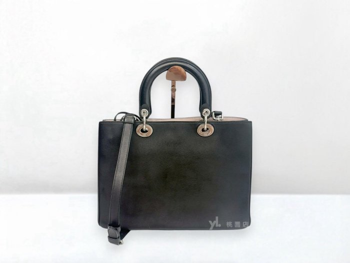 遠麗精品 132 C3923 DIOR包包 黑拚內裏淡粉色牛皮Diorissimo Tote銀釦手提斜背包 (桃園店)
