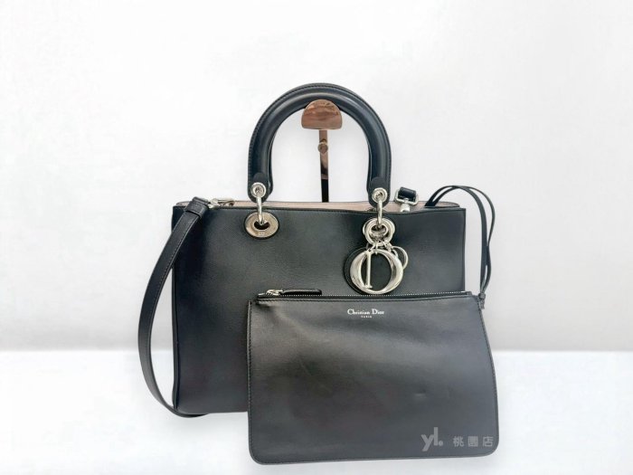 遠麗精品 132 C3923 DIOR包包 黑拚內裏淡粉色牛皮Diorissimo Tote銀釦手提斜背包 (桃園店)